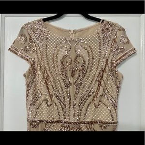 Cachet floor length rose gold sequin and nude dress